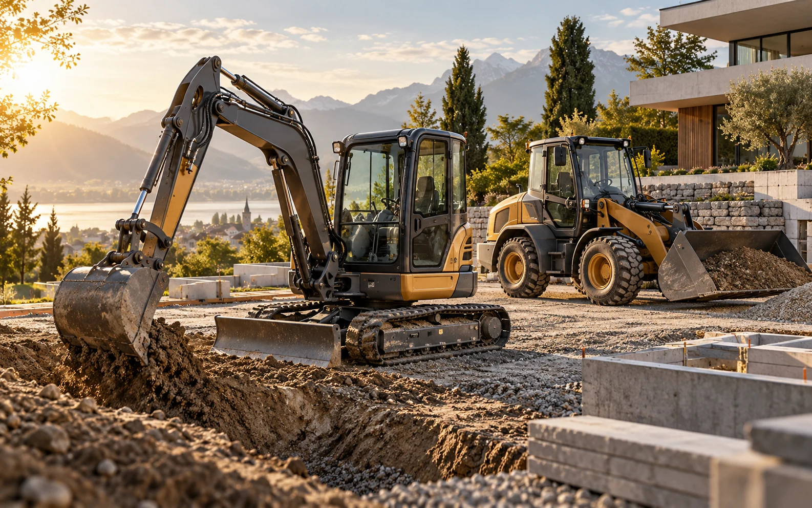Minibagger und Radlader auf einer hochwertigen Baustelle