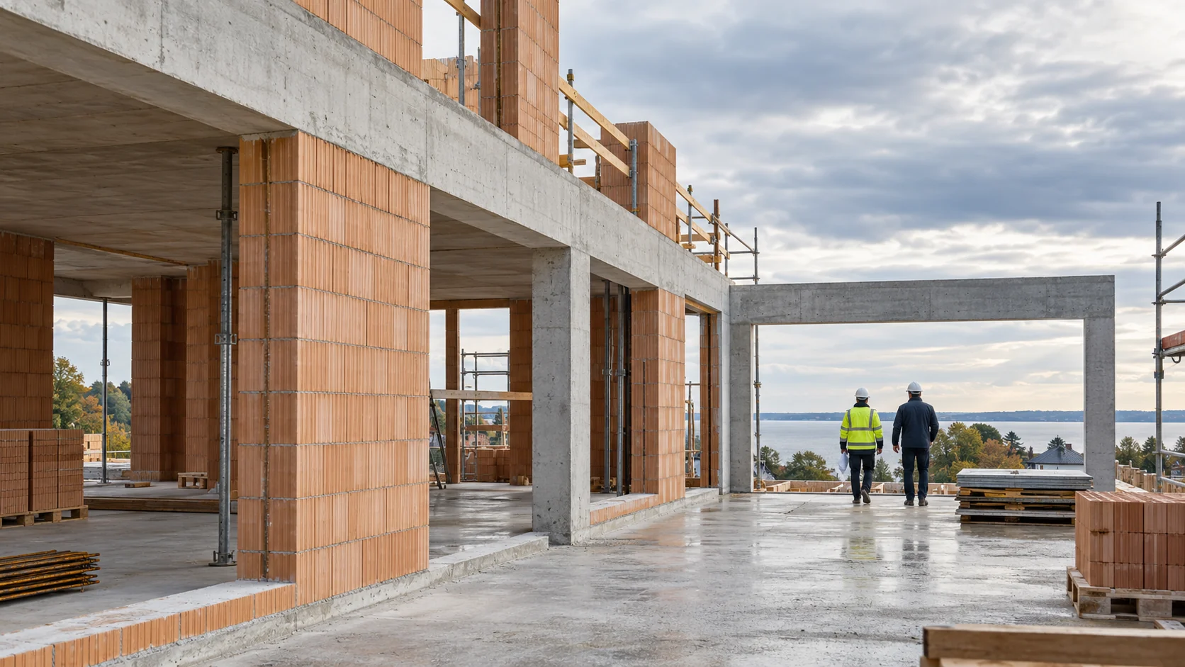 Moderner Wohnungsrohbau mit Mauerwerk und Betonkonstruktion